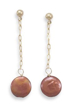 14/20 Gold Fill Post Earrings with Chain and Cultured Freshwater Coin Pearl Drop