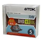 TDK DVD+R MEDIA 2X 8.5GB DL DOUBLE SIDED IN JEWEL CASE 5-PK (#DVD+R85AS5)