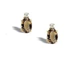 14K Yellow Gold Genuine Oval Smoky Quartz and Diamond Stud Earrings