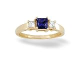 14K Yellow Gold Square Created Sapphire and Diamond 3-Stone Ring