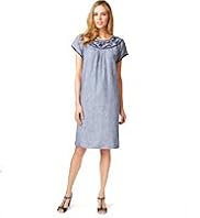 Pure Linen Cross Dyed Embroidered Neckline Dress
