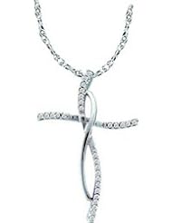 14k White Gold Round Natural Diamond Womens Ladies Christian Cross Woven Fashion Pendant with 18" Chain - .10 (1/10) Ct.t.w.