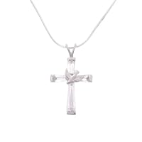 Sterling Silver CZ Cross Necklace with Dove Accent and 18 inch Snake Chain