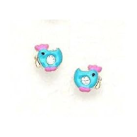 14k Yellow CZ Blue Enamel Childrens Chicken Earrings