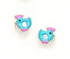 14k Yellow CZ Blue Enamel Childrens Chicken Earrings