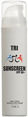 50ml TRI Sunscreen SPF 30+ with Physical Broad Spectrum Zinc Oxide, Rubs in Clear, 80 min water resistant. Zinc Oxide Acts like a Million Tiny Mirrors Reflecting Both UVB and UVA Rays before they enter your skin. "Fragrance Free" Made In USA. Leaves No White Residue. Made for triathletes and multisport athletes that spend extended hours in the Sun.