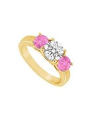 Three Stone Pink Sapphire and Diamond Ring : 14K Yellow Gold - 1.25 CT TGW
