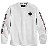 Harley Davidson Mens White Longsleeve Crew Neck Shirt, Embroidery on Left Chest and Harley Racing Style Script on Both Sleeves, Long Sleeve, 98222-07VM