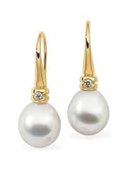 Jewelplus South Sea Cultured Pearl & Diamond Earrings 18K Yellow 12.00 Mm Drop=.06Cttw Pair
