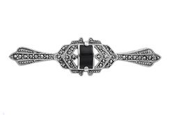 Brooch - Black Onyx Center, Marcasite and Sterling Silver