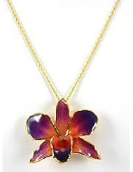 REAL FLOWER Gold Orchid Necklace Pendant Purple Orange