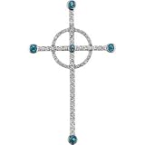 14K White Gold Genuine Swiss Blue Topaz & Diamond Cross Pendant