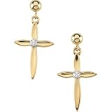 14K Yellow Gold Cross & Ball Diamond Dangle Earring