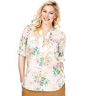 Plus Open Neck Collar Fluro Floral Top