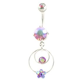 Belly Button Ring - Surgical Steel Flower and Circle Design w/Pink Sparkling Crystal-like... by 