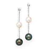14k White Gold, Diamond, South Sea White Pearl & Tahitian Black Pearl Dangle Post Earrings (0.05ctw)