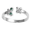 Sterling Silver Fashion Toe Ring - Butterflies with Clear and Emerald CZs - 2mm Band Width