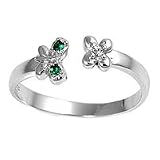 Sterling Silver Fashion Toe Ring - Butterflies with Clear and Emerald CZs - 2mm Band Width