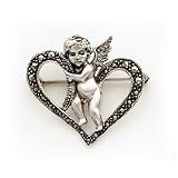 Sterling Silver Marcasite Cherub Heart Pin