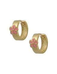 Children 14K Gold Huggie Hoop Earrings With Pink Enamel Flower