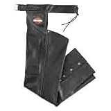 Harley Davidson Mens Stock Leather Chaps, Made of drum-dyed, midweight leather with adjustable back lacing. Cuttable hem, Bar & Shield logo patch on left hip, 98090-06VM