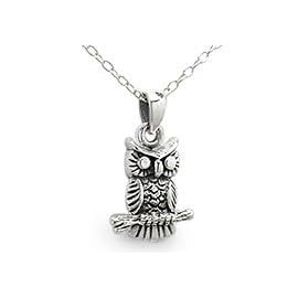 Sterling Silver Owl Pendant Necklace, on 16 Inch Snake Chain