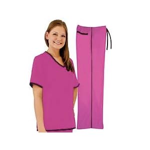 Women's Scrub Set - Contrast Trim Top & Pant