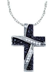 14k White Gold Black Colored & Natural Diamond Cross Crucifix Womens Ladies Unique Fashion Charm Pendant with 18" Chain - .25 (1/4) Ct.t.w.