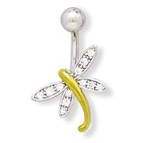 Rhodium Plated Sterling Silver/14K Gold Plated CZ Dragonfly Navel Ring