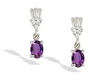 14K White Gold Genuine Oval Amethyst and Diamond Dangle Drop Earrings