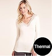 Heatgen V Neck Long Sleeve Cut Out Lace Thermal Top