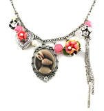 Gorgeous Alice in Wonderland Themed White Rabbit Themed Multi-Charm Necklace and Earrings Set with Flower, Crystal, Heart and More Charms