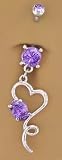 Tanzanite Purple Cubic Zirconia Swirl Tail Fancy Heart Dangle Belly button Navel Ring 14 gauge