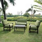 Outdoor Patio Furniture Sofa Chat Table Set Teak Oil Finish / Green Cushions