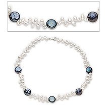 925 Silver, White and 12mm Black Coin Pearl Necklace