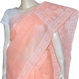 Indian Sari Cotton White Embroidery Peach (chsari078)