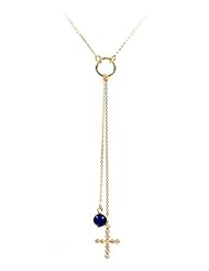 Jewelry: FAPPAC .925 Sterling Silver Cz 18K Rose Gold-Plated Blue Lapiz-Lazuli Gemstone Cross Lariat Y-Necklace - v-me