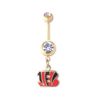Cincinnati Bengals 316L Stainless Steel Belly Ring with Cubic Zirconia - Gold Plated - 14G - 5/8 Inch Bar Length - Sold Individually