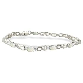 14K White Gold Genuine Oval Opal and Diamond Bracelet by Jewels For Me