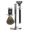 Edwin Jagger Shave Shaving 3PC Mach 3 Razor, Pure Badger Brush with Stand-Imitation Carbon Fibre & Nickel Plated