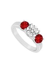 Three Stone Ruby and Diamond Ring : 14K White Gold - 1.25 CT TGW