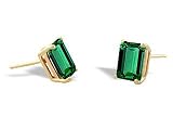 14K Yellow Gold Emerald-cut Created Emerald Stud Earrings