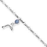 Sterling Silver Blue Quartz Bead & Dangling Dolphin Figaro Anklet