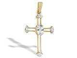 14K Yellow Gold Genuine Oval White Topaz and Diamond Cross Pendant