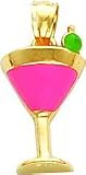 14K Gold Pink Enameled Martini Drink w/Olive Pendant