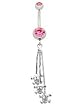 Stainless Steel Belly Ring with Pink Crystals - Dangling Skulls with Crossbones