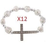 12 Pieces of Clear Iced Out Sideways Cross Ornamental Style Beaded Stretch Bracelet