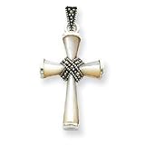 Sterling Silver w/Box Chain Marcasite & Mother of Pearl Cross Pendant