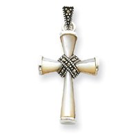 Sterling Silver w/Box Chain Marcasite & Mother of Pearl Cross Pendant