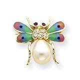 14k Enameled Bee Cultured Pearl Ruby and CZ Pin